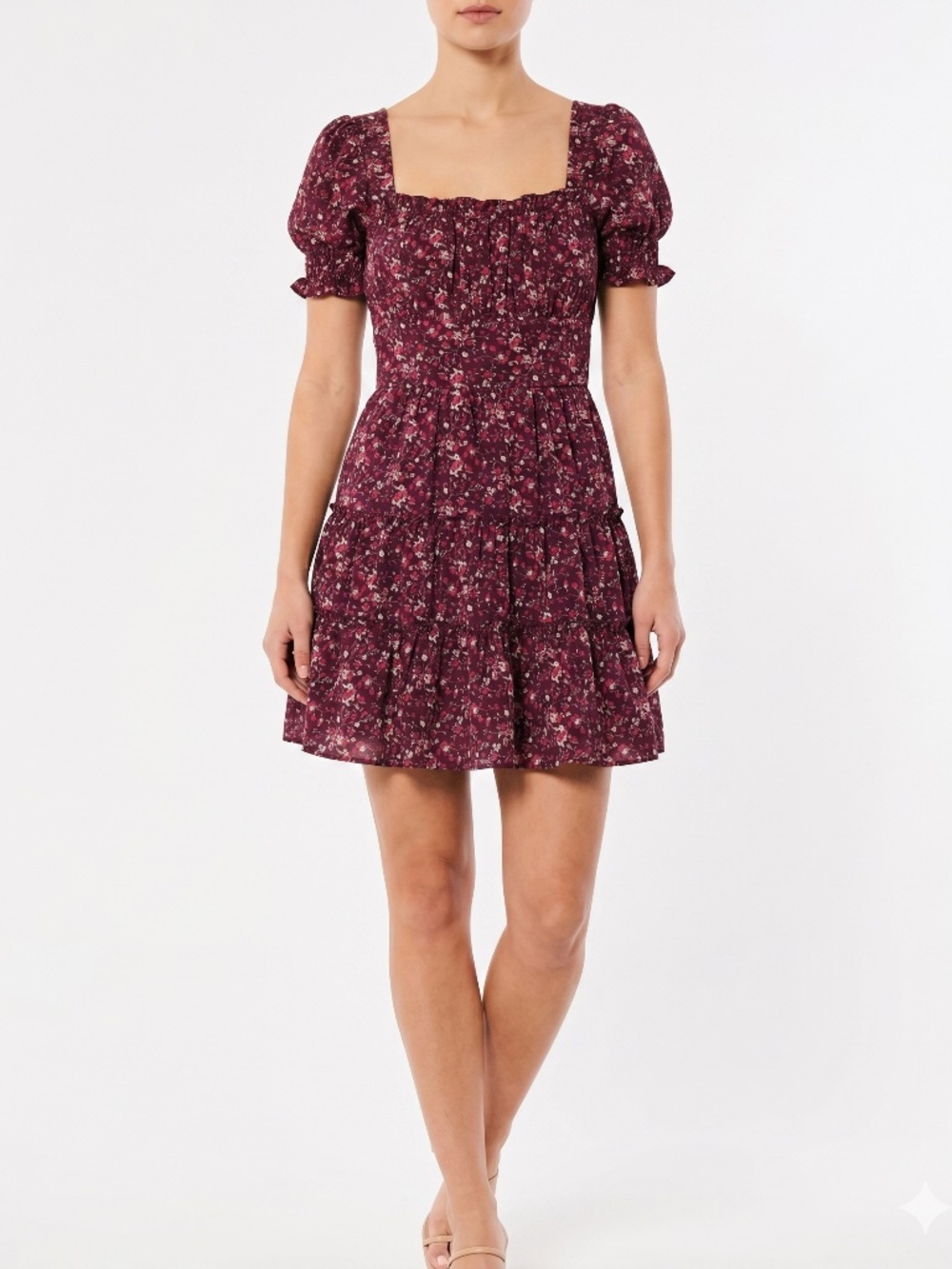 Altard State Women's Small Floral Smocked Tiered Ruffle Dress Maroon Mini